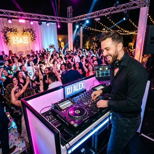 DJ carismático sonriendo en su cabina frente a una pista iluminada